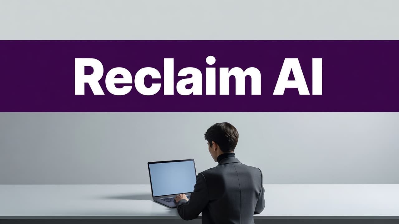Reclaim AI Focus Time: Protect Your Best Work Hours 2 An editorial graphic featuring a purple accent bar, a bold headline, and a minimalist desk setup.