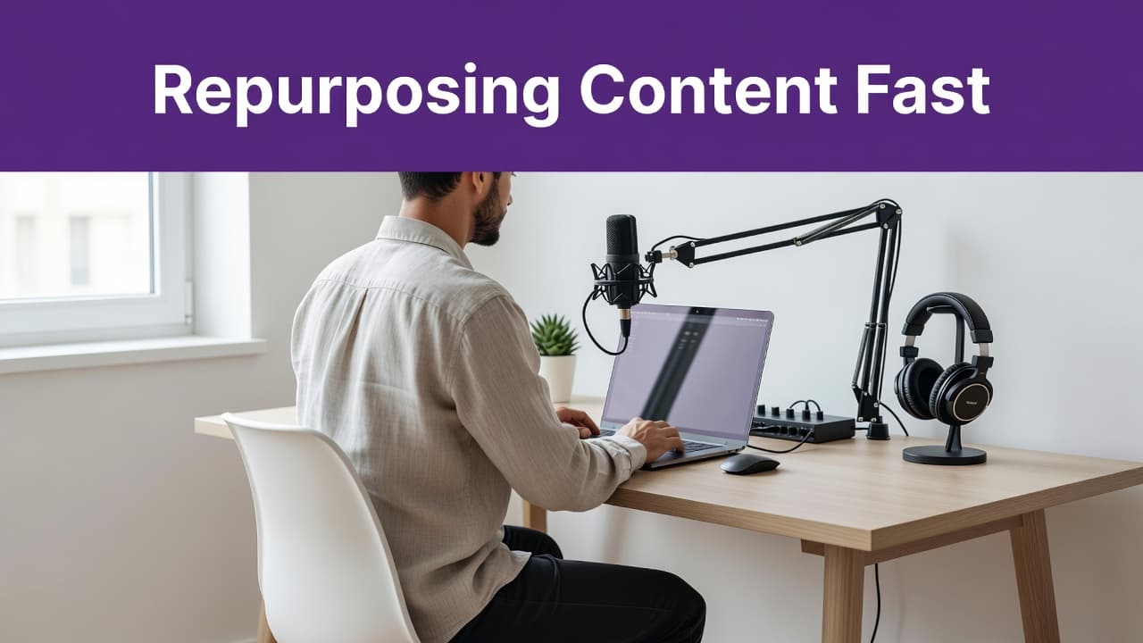 Descript AI Blog Repurposing Workflow for 2026 2 A clean, sunlit desk features a sleek laptop and professional audio microphone. A bold purple header bar at the top displays white text detailing a streamlined strategy for repurposing digital content.