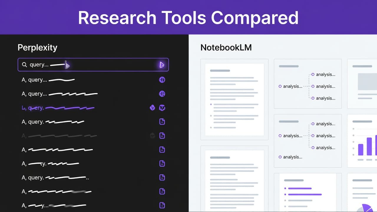 Perplexity vs NotebookLM for Blog Research in 2026 2 A split-screen layout displays two digital platforms with abstract data panels and analytical charts. A vivid purple header banner spans the top of the image containing a clear bold title.