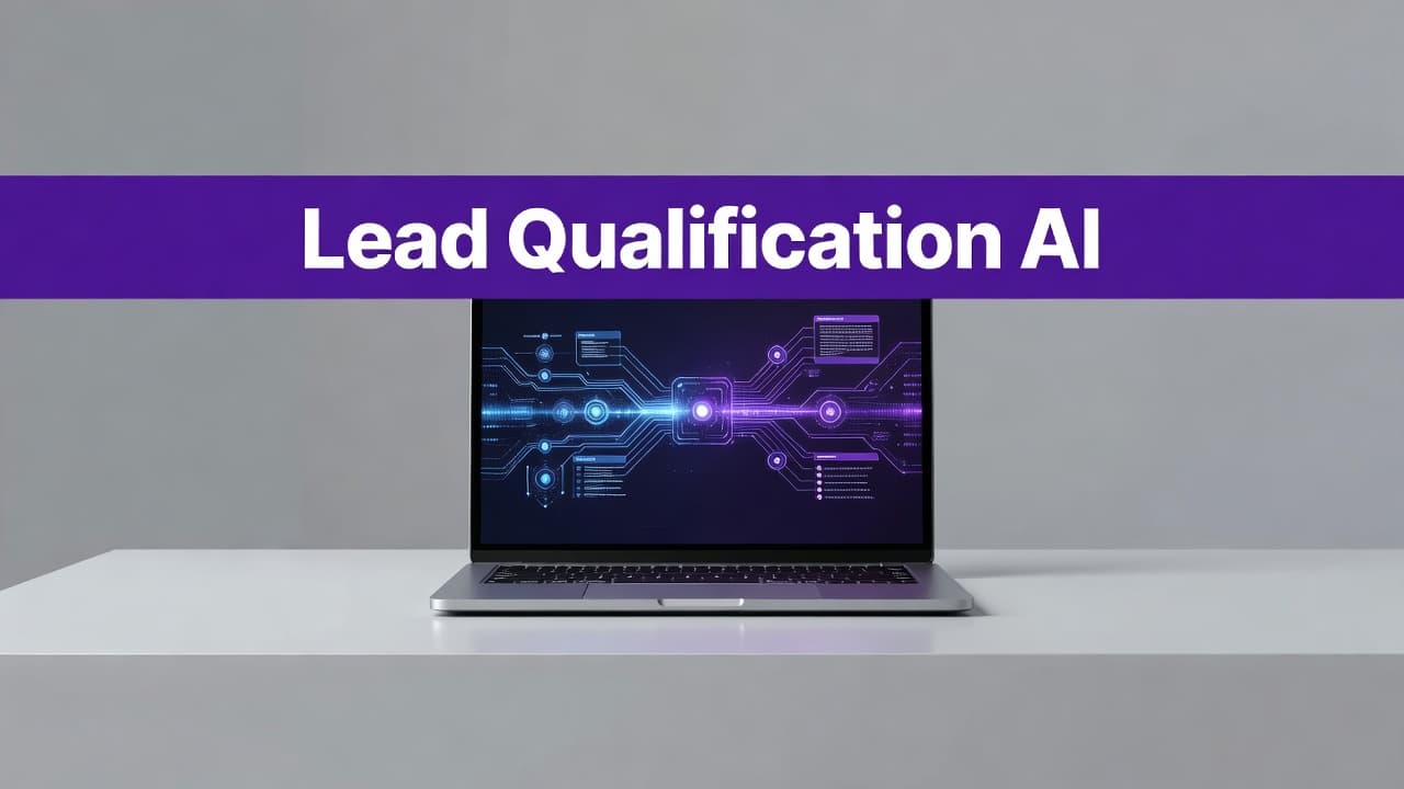 Use Zapier Agents to Qualify and Route Better Leads 2 A sleek silver laptop sits on a clean desk, displaying a bright, abstract digital workflow interface under a bold purple banner labeled with white professional typography for lead qualification tasks.