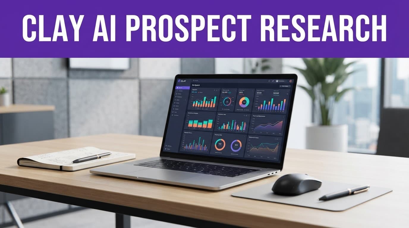 Clay AI Prospect Research for Smarter B2B Outreach 2 Laptop showing analytics beneath a purple Clay AI Prospect Research banner.