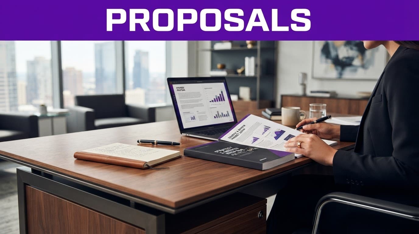 Best AI Proposal Writing Tools for Marketing Agencies in 2026 2 Laptop and proposal papers on an executive desk beneath a purple headline band.