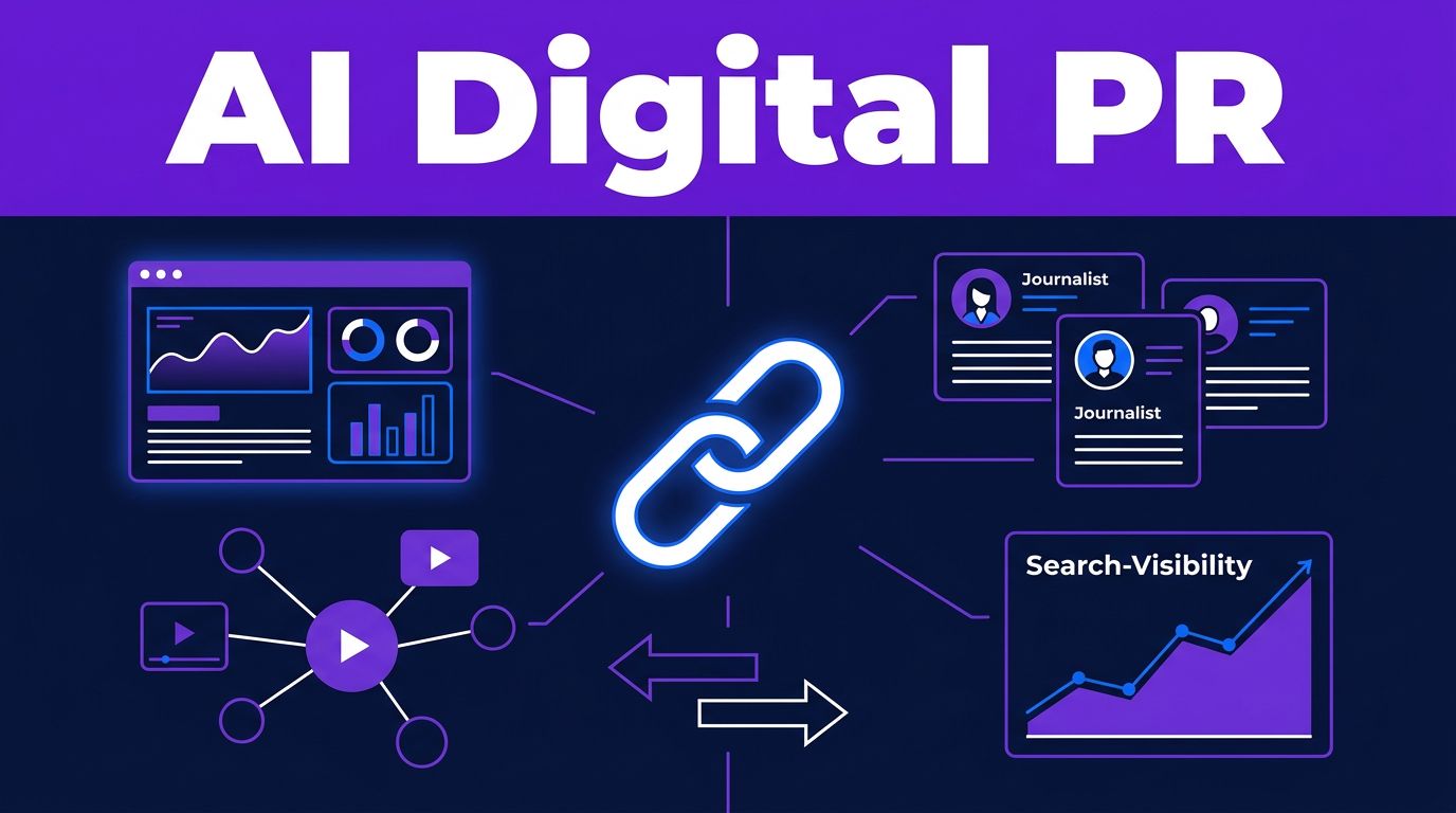 AI Digital PR Tools for Better Backlinks in 2026 1 Dark workspace showing media nodes, journalist cards, backlink arrows, and a rising search visibility chart.