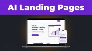 Laptop showing an affiliate landing page with a product offer, button, chart, and mobile preview.
