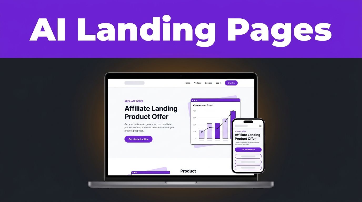 Laptop showing an affiliate landing page with a product offer, button, chart, and mobile preview.