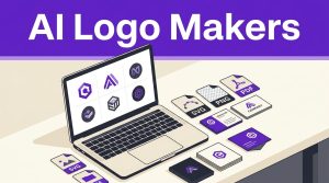 Laptop showing logo concepts beside file formats and business-card mockups on a cream desk.