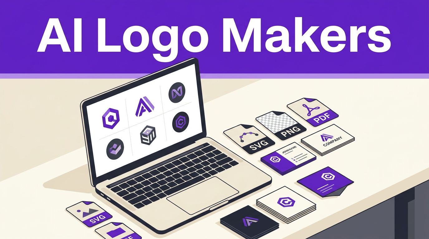 AI Logo Makers Compared for New Websites and Small Brands 1 Laptop showing logo concepts beside file formats and business-card mockups on a cream desk.