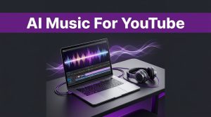 Creator desk with laptop audio timeline, headphones, and glowing sound waves under a purple banner.