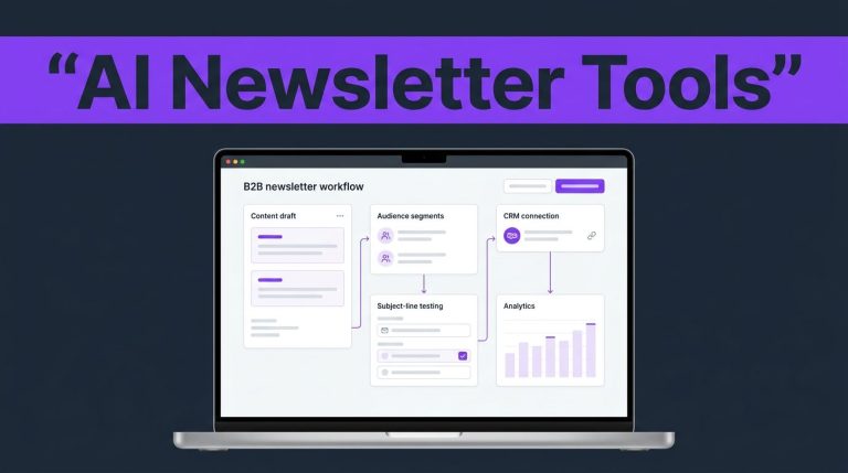 Laptop showing a B2B newsletter workflow dashboard on a dark blue background.