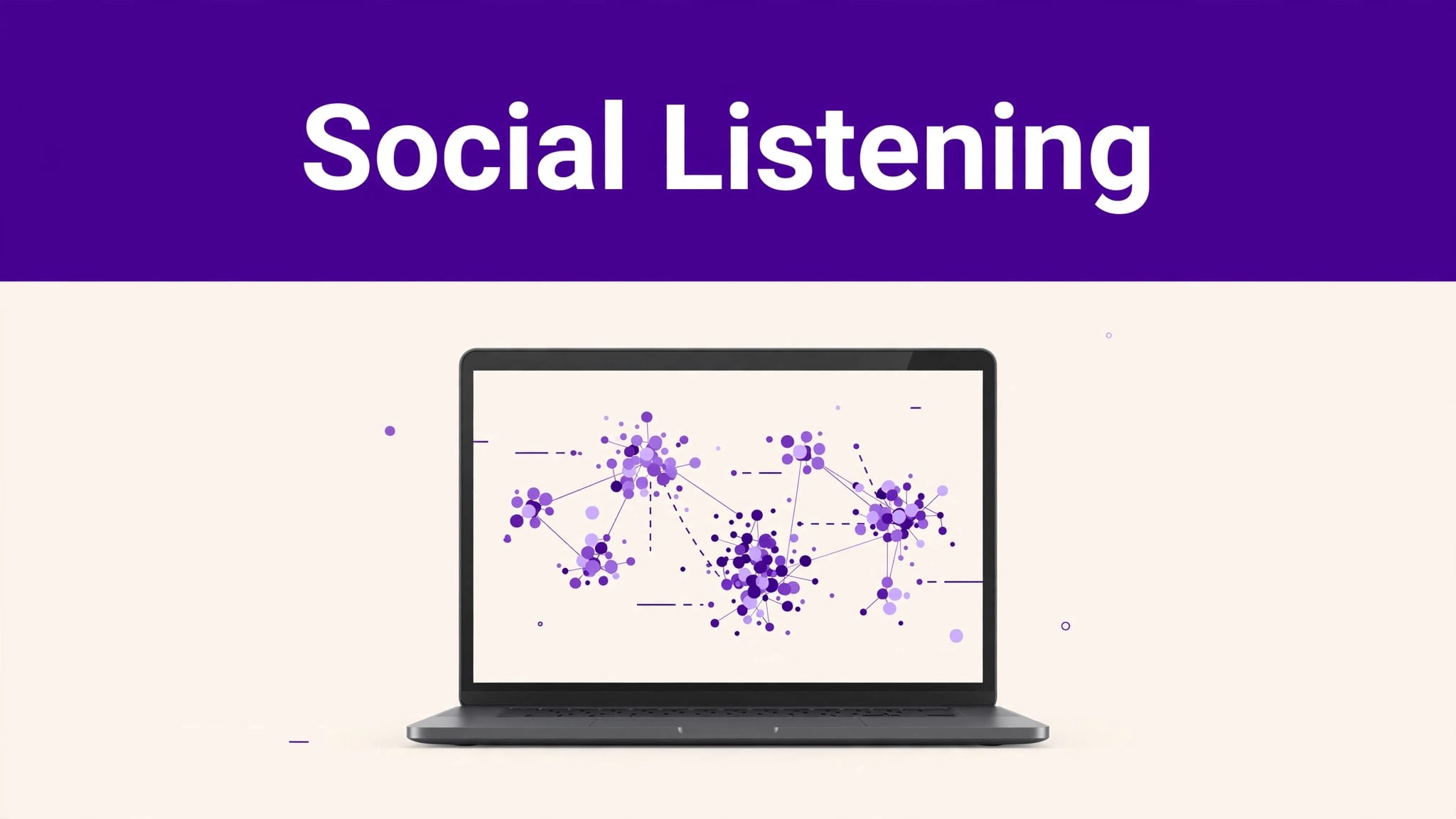 Laptop showing social listening data beneath a purple Social Listening banner.