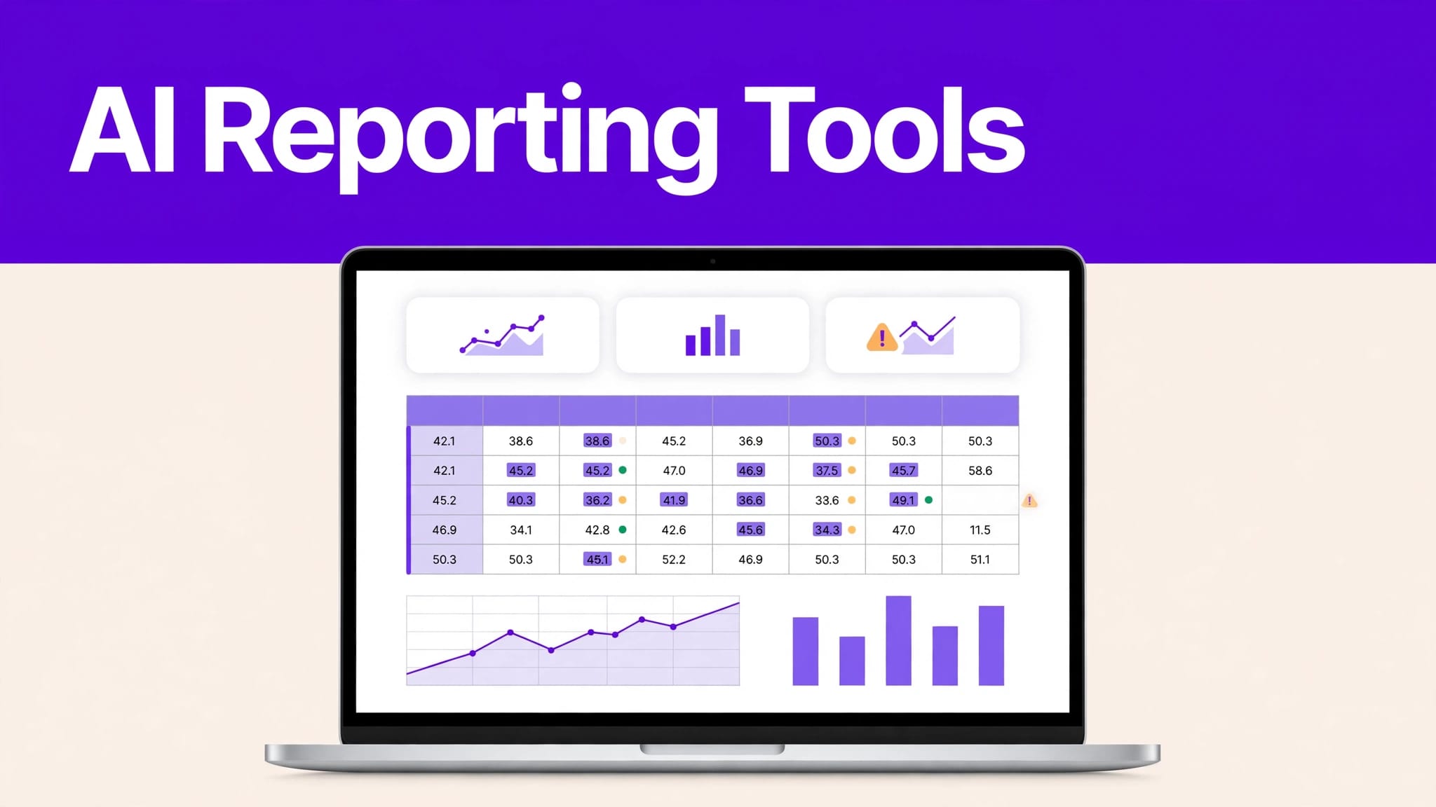 AI Spreadsheet Tools for Small-Business Reporting 1 A laptop shows charts and financial data beneath a purple reporting tools banner.