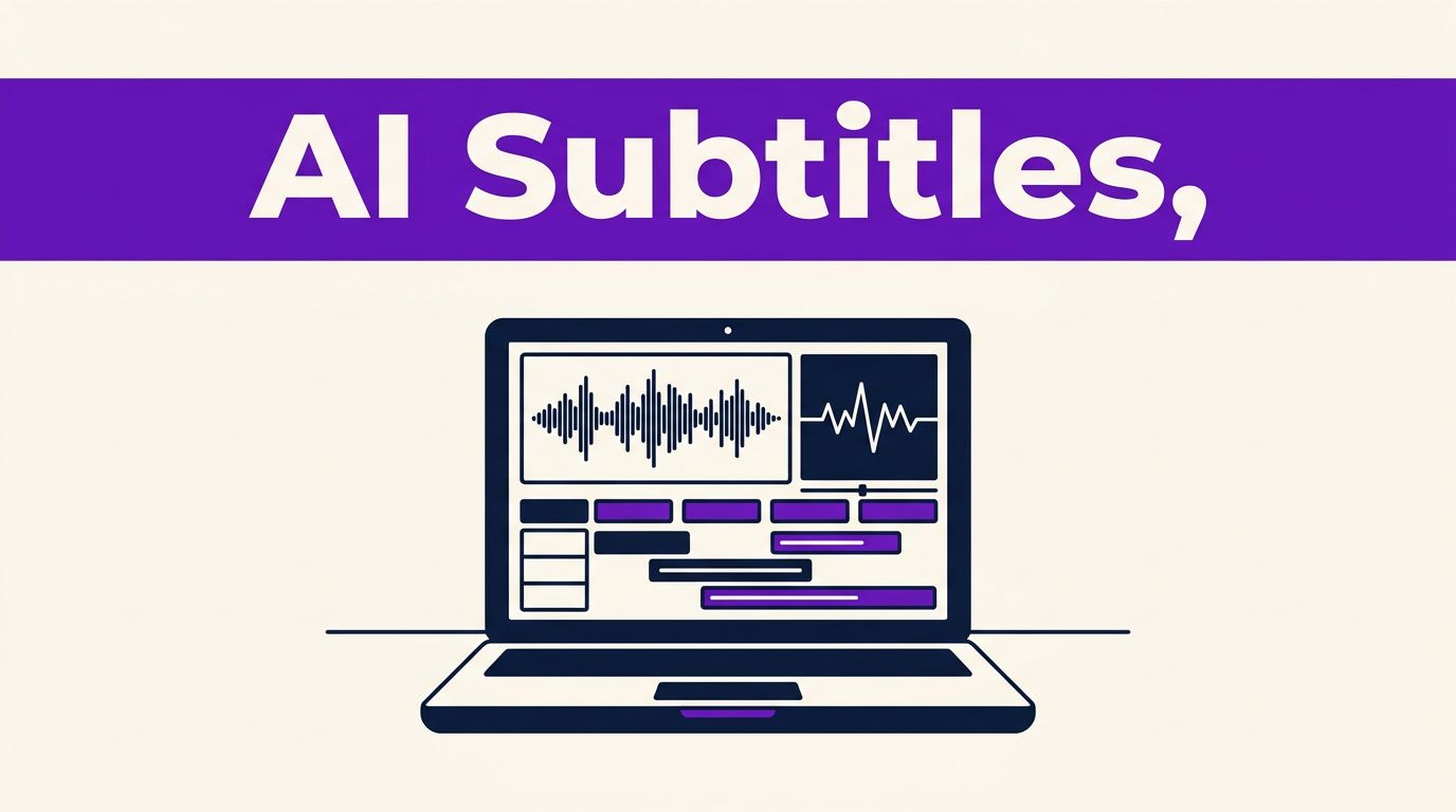 Laptop showing subtitle timing blocks beneath a purple AI Subtitles header.