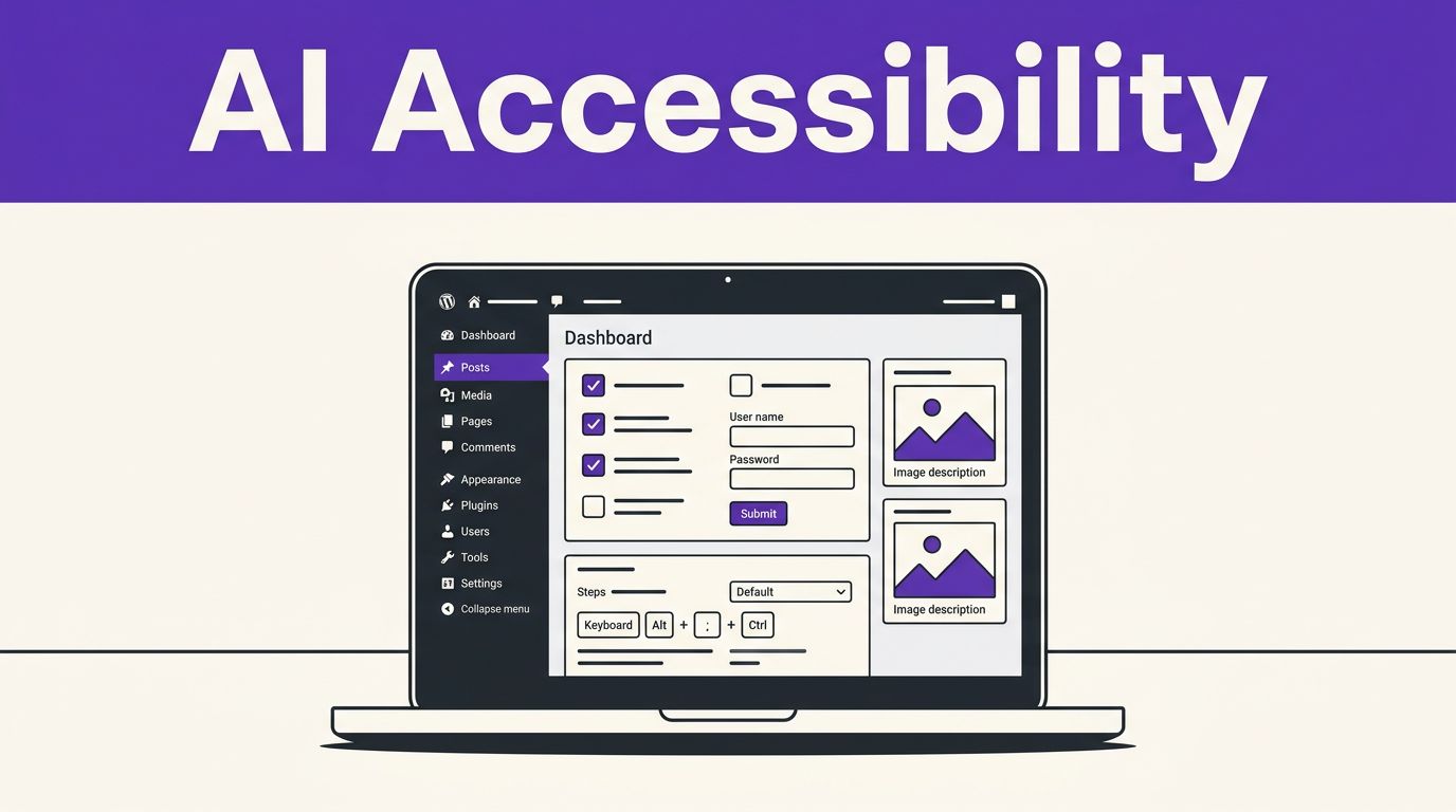 Laptop showing an accessible WordPress dashboard beneath a purple headline band.