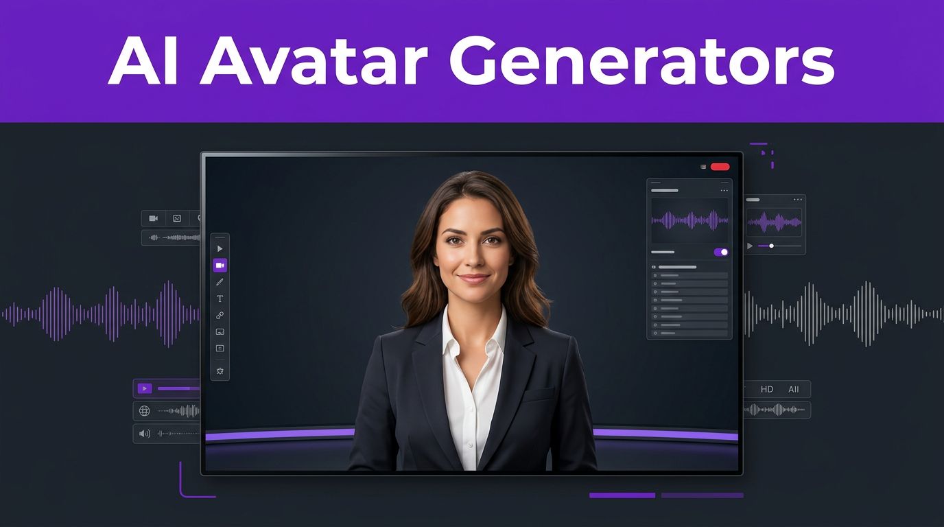 A woman presenter appears on a studio screen beneath a purple AI Avatar Generators banner.