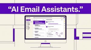 Monitor displaying an organized email inbox beneath a purple headline band.