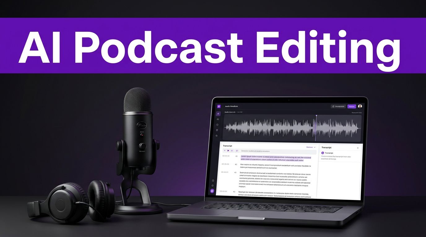 Best AI Podcast Editing Tools for Solo Creators 1 Podcast desk with microphone, headphones, and waveform on laptop