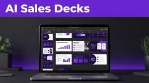 Laptop showing sales slides beneath a purple AI Sales Decks banner.