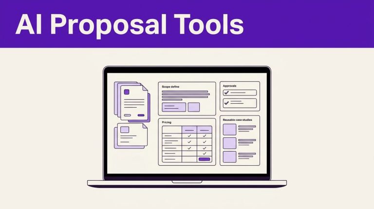 Laptop showing an organized proposal workspace beneath a purple banner.