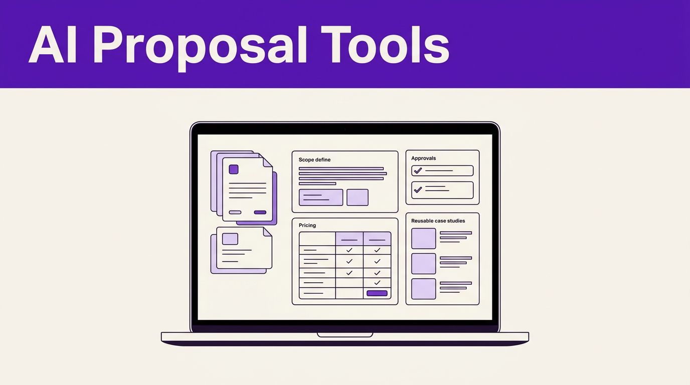 Best AI Proposal Writing Tools for Marketing Agencies in 2026 1 Laptop showing an organized proposal workspace beneath a purple banner.
