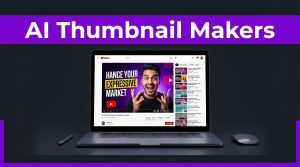 Laptop displaying a colorful YouTube thumbnail beside a purple banner.