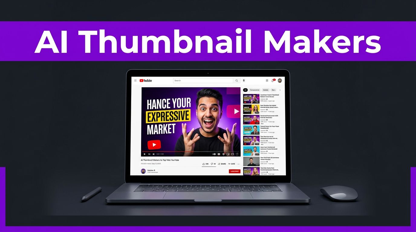 Laptop displaying a colorful YouTube thumbnail beside a purple banner.