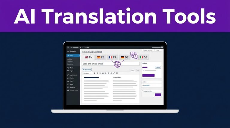 Laptop showing a multilingual WordPress dashboard beneath a purple headline band.