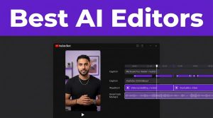 A creator preview and editing timeline appear beneath a purple Best AI Editors header.