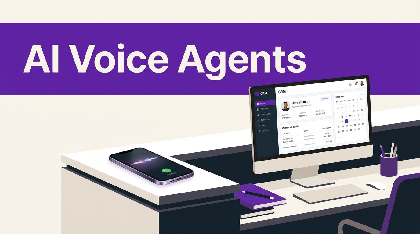 A smartphone and monitor sit on a modern reception desk beneath a purple AI Voice Agents banner.