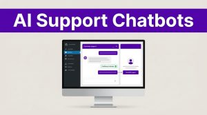 Desktop monitor showing a WordPress support chat beneath a purple headline band.