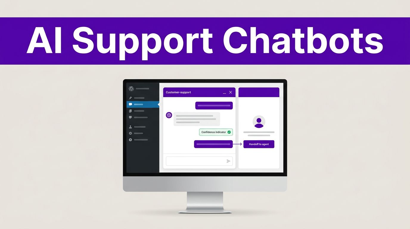 Best WordPress AI Chatbots for Customer Support in 2026 1 Desktop monitor showing a WordPress support chat beneath a purple headline band.