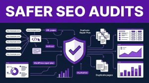 SEO audit data flows toward a WordPress repair plan with a checked shield.