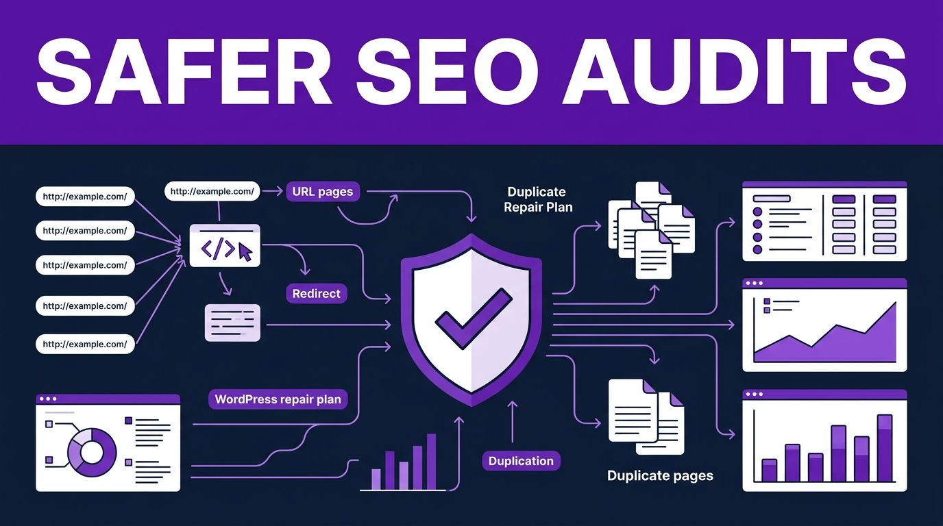 Claude Code Technical SEO for Safer WordPress Audits 1 SEO audit data flows toward a WordPress repair plan with a checked shield.
