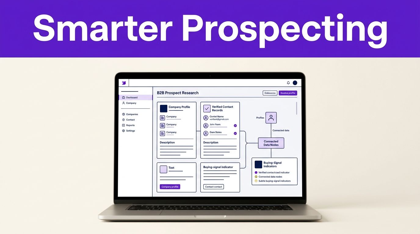 Clay AI Prospect Research for Smarter B2B Outreach 1 Laptop showing a B2B prospect research dashboard beneath a purple Smarter Prospecting banner.