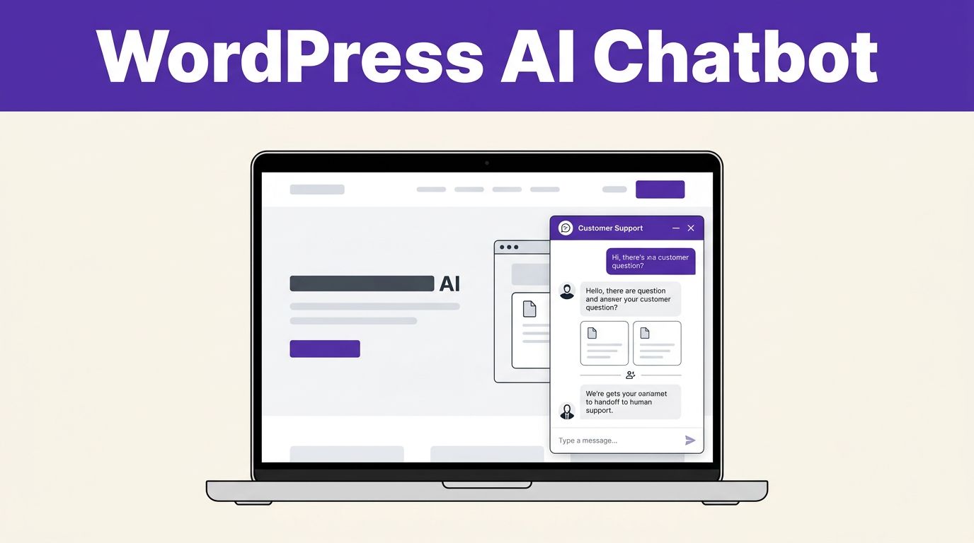 How to Build a WordPress AI Chatbot Without Code 1 Laptop showing a WordPress chatbot interface with document cards and support handoff symbol.