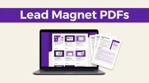 Laptop showing a visual PDF guide beside printed pages under a purple headline band.