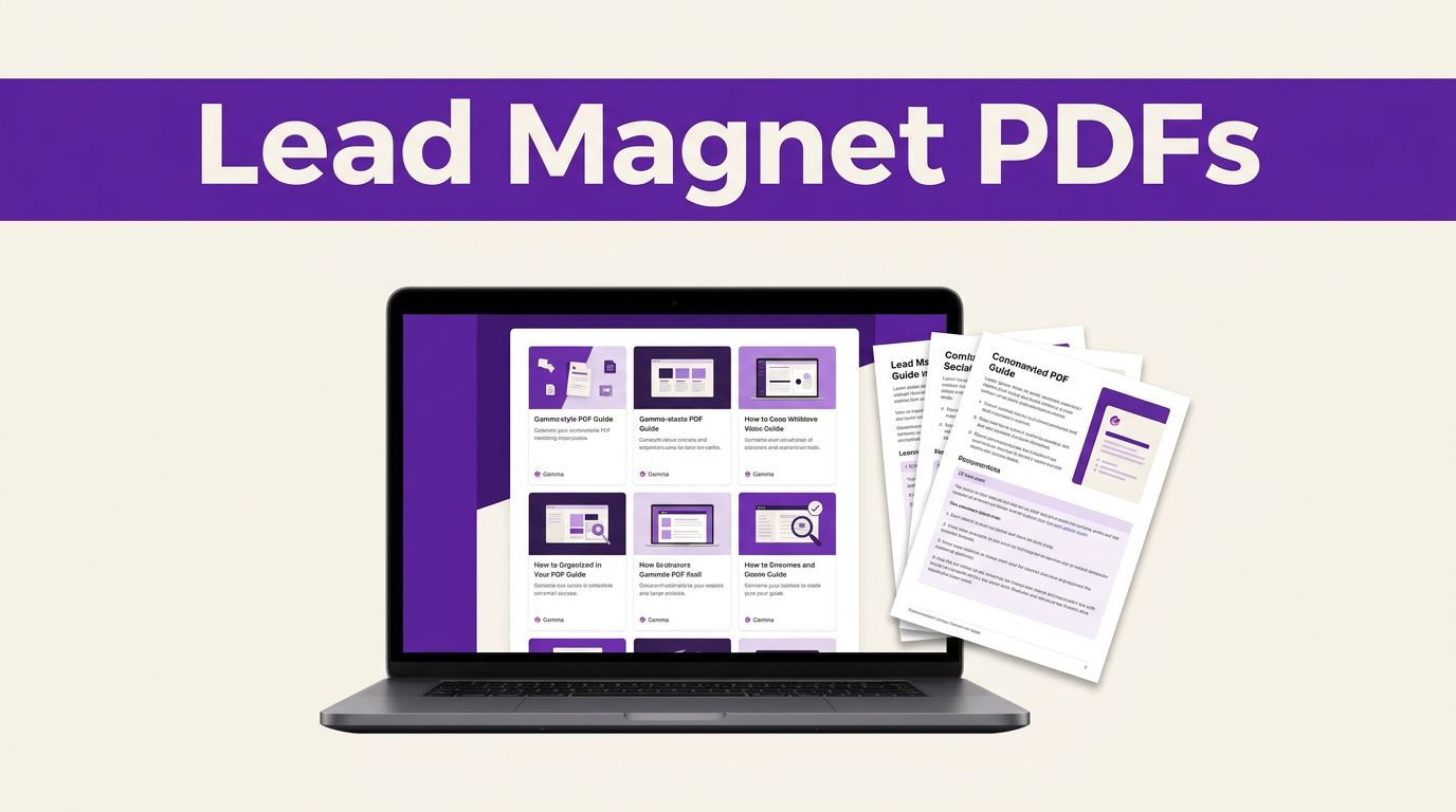 How to Turn Blog Posts Into Gamma Lead Magnet PDFs 1 Laptop showing a visual PDF guide beside printed pages under a purple headline band.