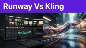 Split screen showing video editing controls on the left and flowing light trails on the right.