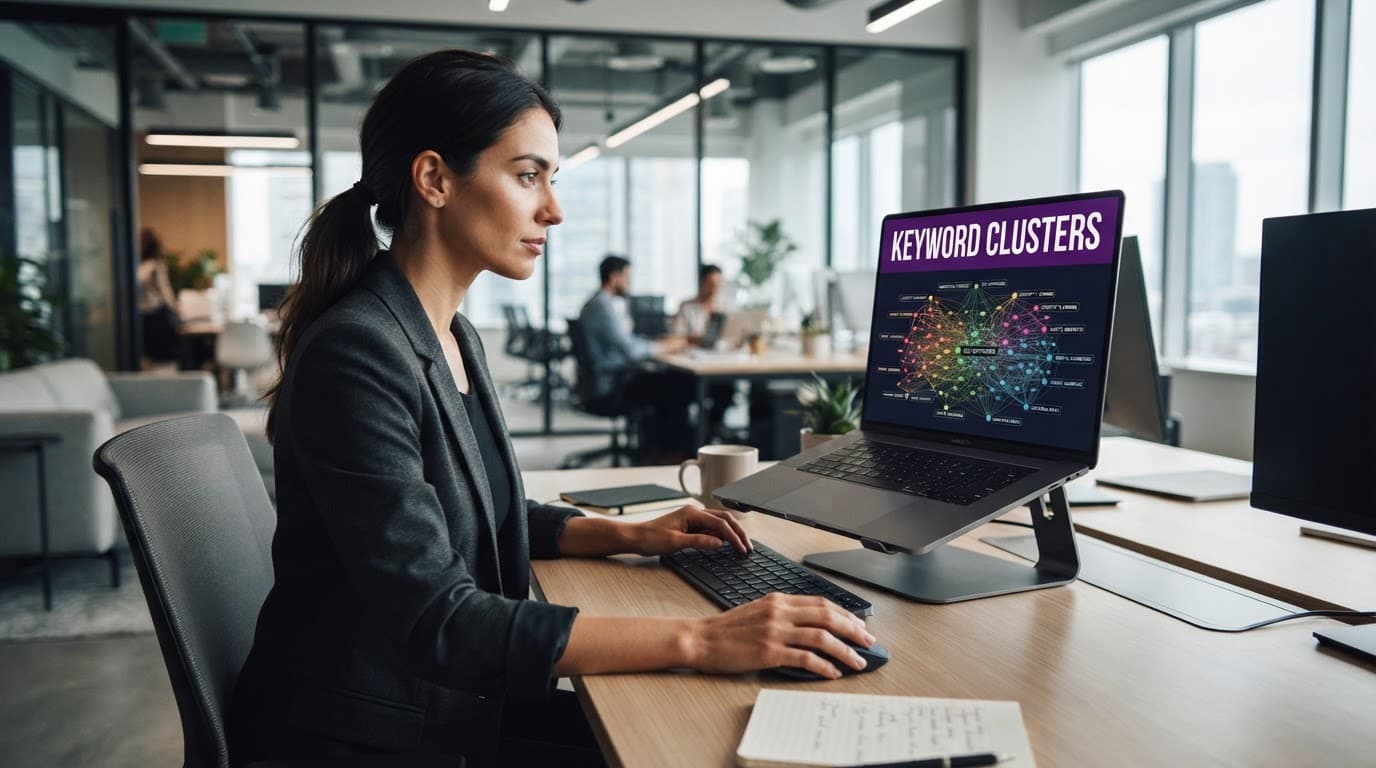 Best AI Keyword Clustering Tools for SEO in 2026 2 A professional works at a desk with a data-filled laptop beneath a purple Keyword Clusters banner.