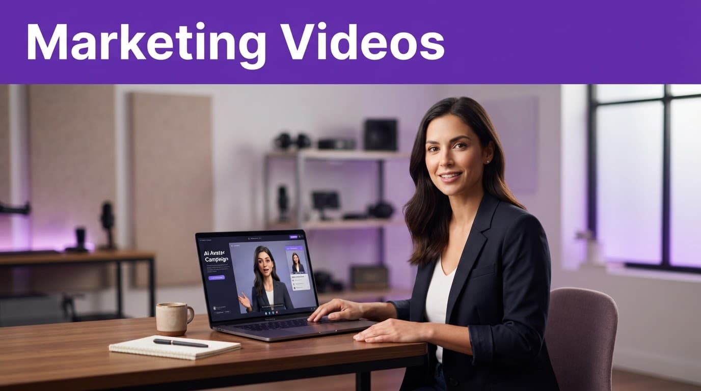 A marketing manager presents a video campaign on a laptop beneath a purple headline band.