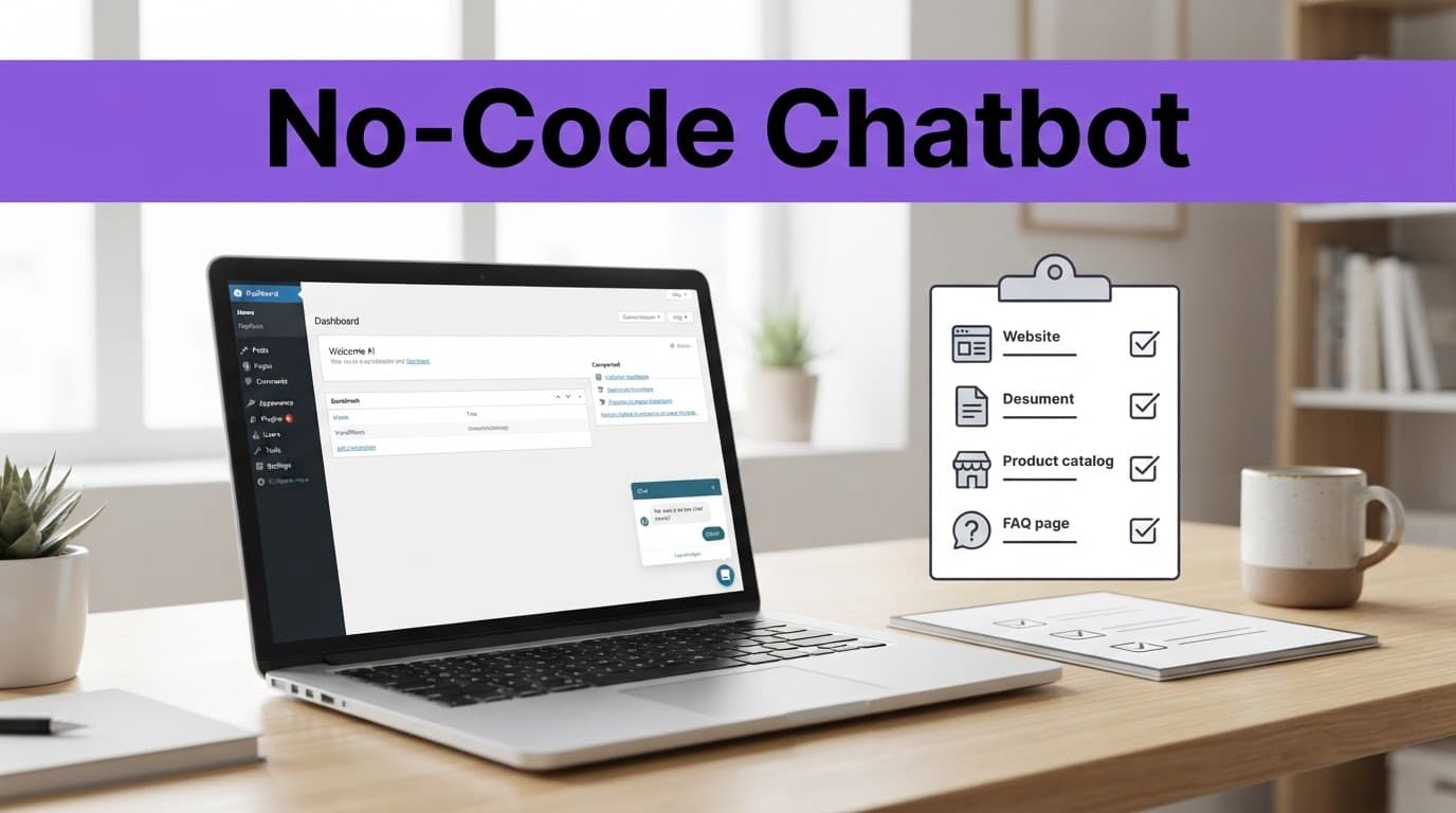 How to Build a WordPress AI Chatbot Without Code 2 Laptop showing a chatbot widget beside a checklist in a bright home office.