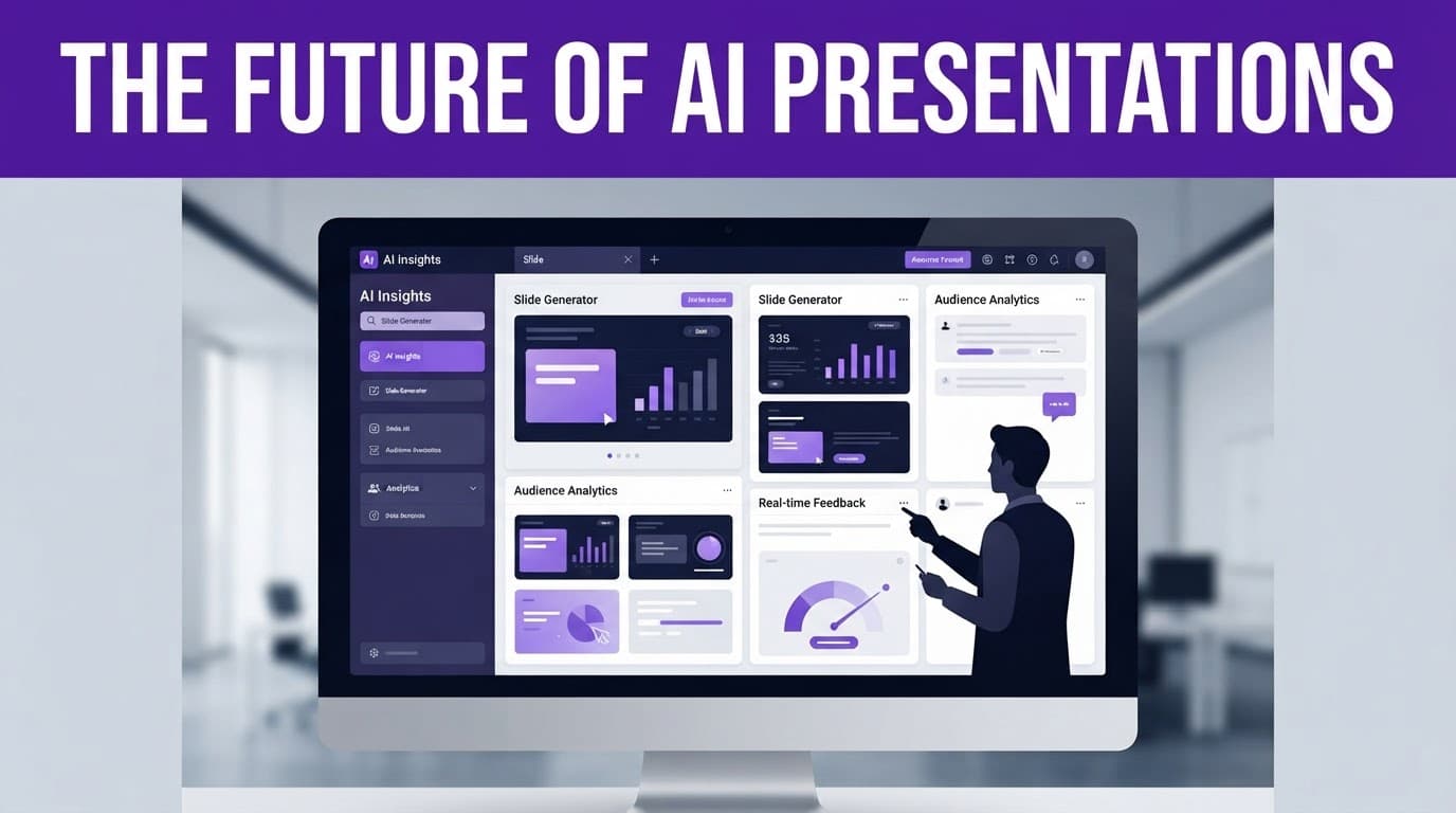 A modern dashboard beneath a bold purple headline band with one subtle human silhouette.