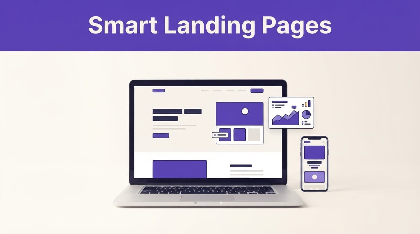 Laptop showing a landing page beside an analytics chart and phone mockup on a desk.