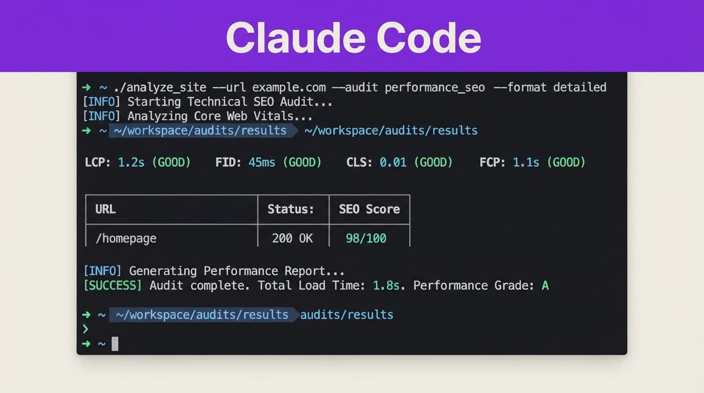 Claude Code Technical SEO for Safer WordPress Audits 2 Dark terminal dashboard with website metrics and a purple Claude Code header.