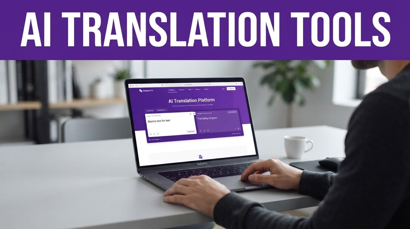 Best AI Translation Tools for Multilingual WordPress Blogs 2 Laptop showing a website interface on a minimalist desk beneath a purple headline band.
