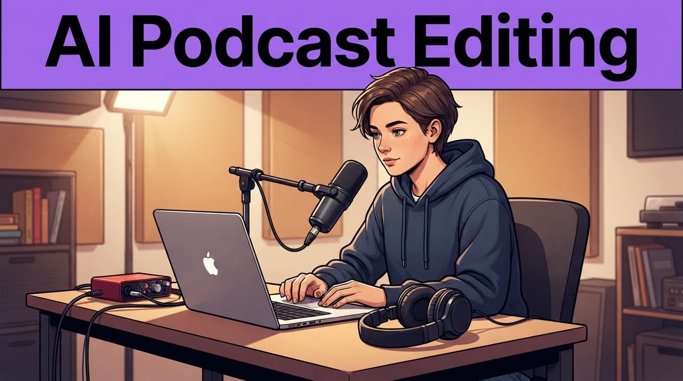 Best AI Podcast Editing Tools for Solo Creators 2 A podcaster edits audio at a desk with a microphone, laptop, and headphones.