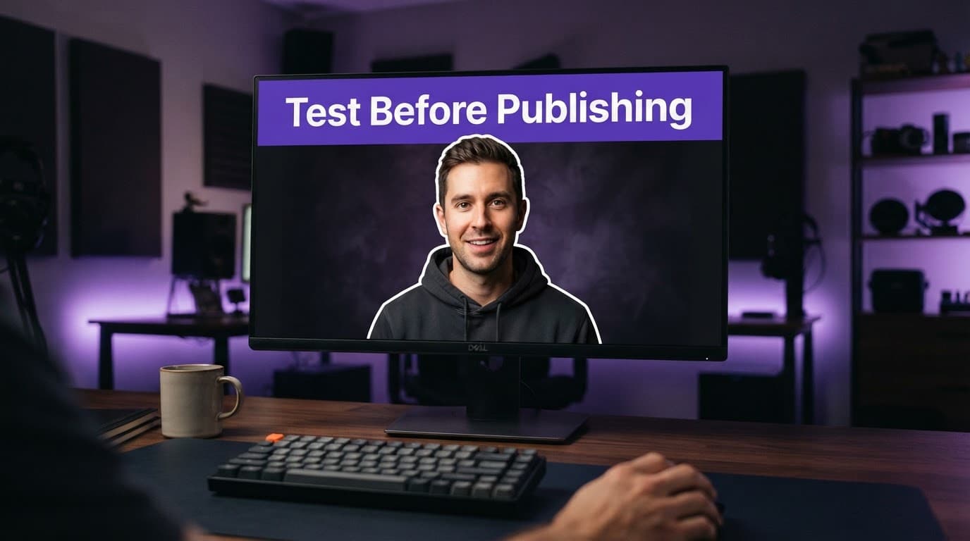 A creator portrait thumbnail with a purple headline band on a dark studio workstation.