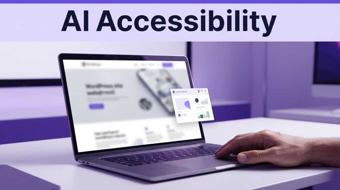 Laptop with a blurred website layout, a hand beside the keyboard, and purple accessibility shapes on a modern desk.