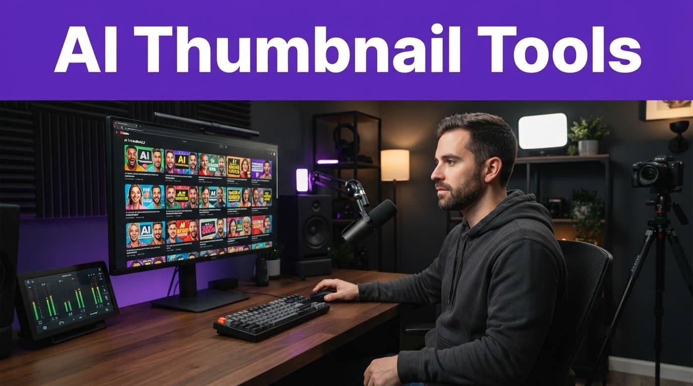A creator reviews thumbnails on a monitor in a purple-accented studio.