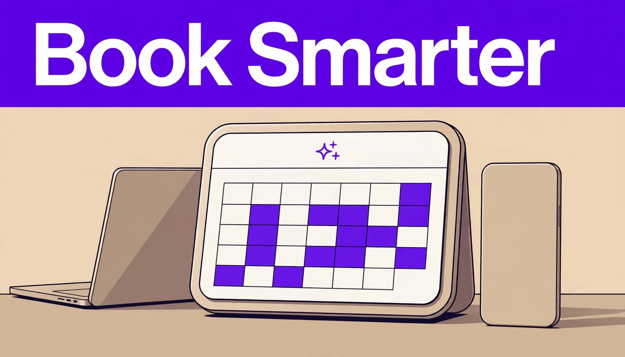 AI Meeting Scheduling Tools That Book Calls Automatically 3 A desktop calendar sits between a laptop and smartphone beneath a purple banner.