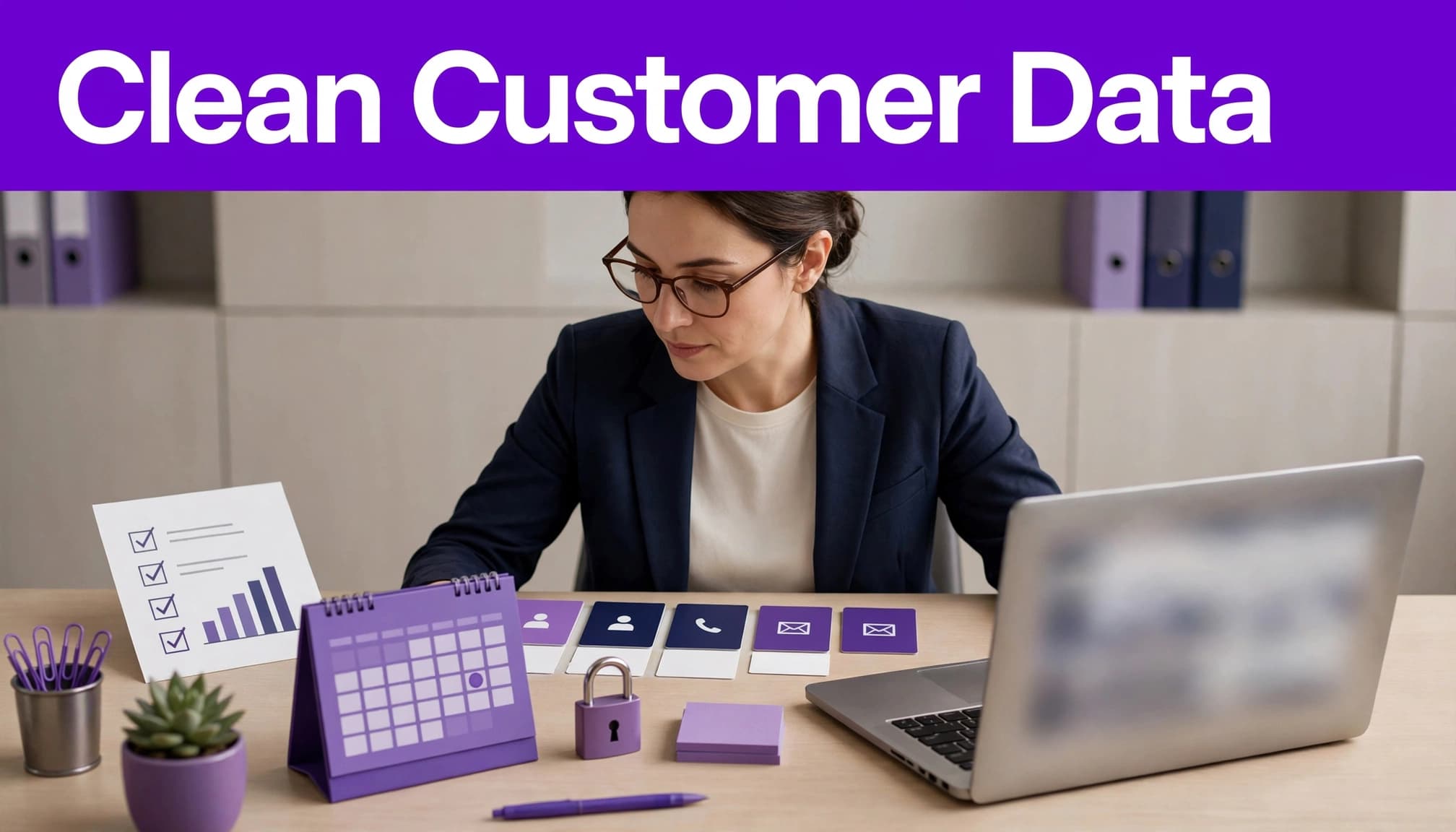 AI CRM Tools for Small Service Businesses in 2026 5 A business owner reviews customer data beside contact cards, a calendar, and a lock symbol.